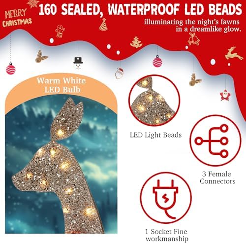 63 inch 2.5d champagne large lighted christmas deer, close-up detail
