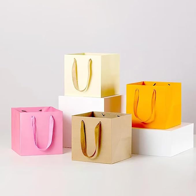 Beige Yellow Paper Gift Bag Small Square Bottom Kraft Carboard Paper Bags With Handles (Beige Yellow, 6 x 6 x 6 in, 10 CT)