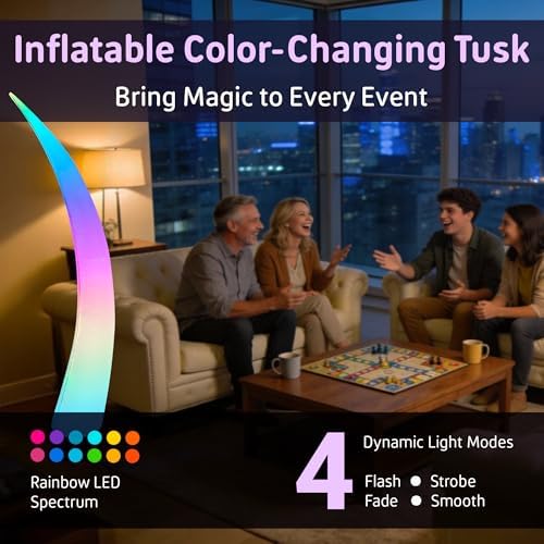 inflatable color changing tusk 10’, sand bag base, side view