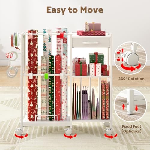 wrapping paper storage cart, rolling gift wrap station, package contents