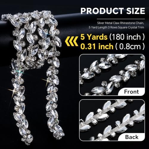 5 yards silver base crystal rhinestones trim set, close-up detail