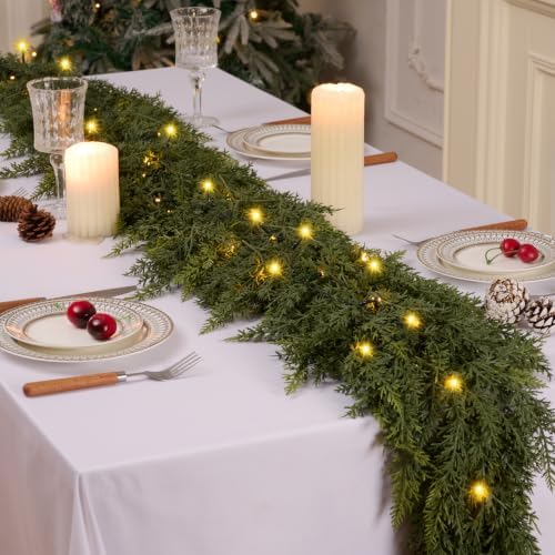 9ft 1pcs christmas cedar garland with lights realistic, front angle view