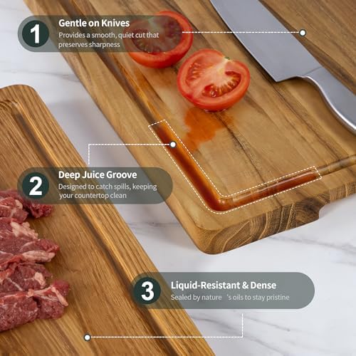 teak cutting board set for kitchen, 3 pack, close-up detail