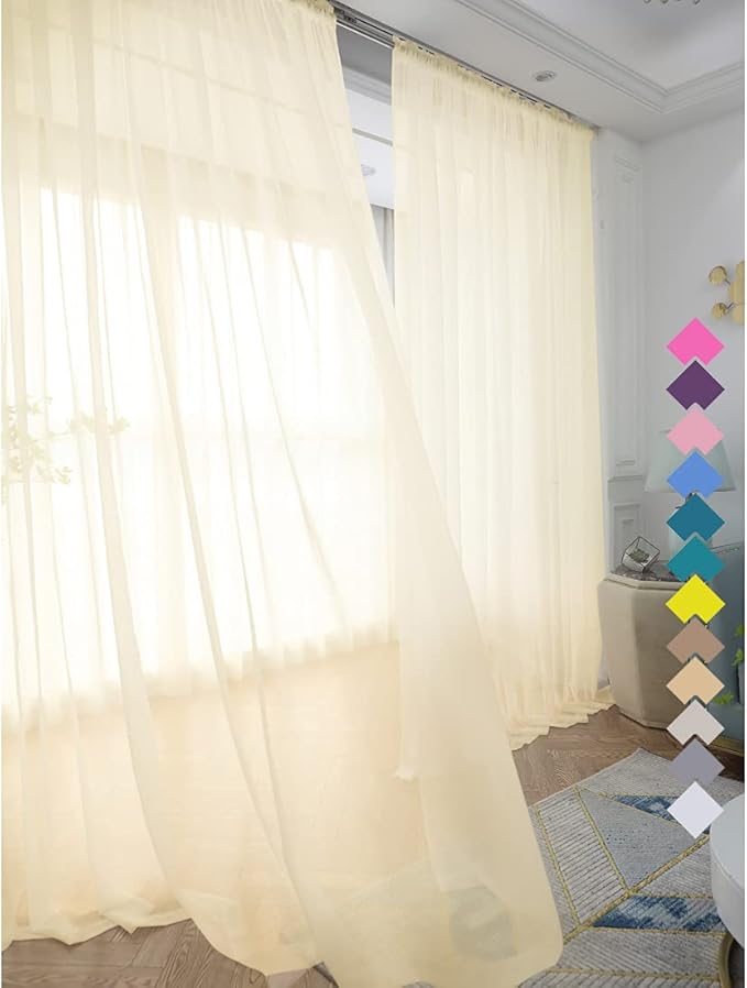Window Light Yellow Sheer Curtains 48 Inches Width 45 Inches Long 2 Panels Sheer Curtain Clear Curtains Basic Rod Pocket Panel for Home Living Room Bedroom Kids Room Yard Patio Parlor Sliding