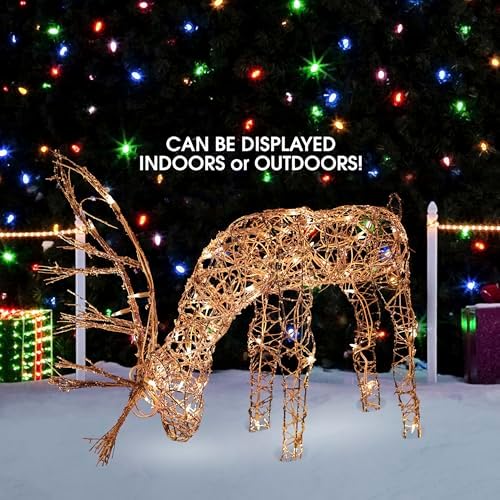 alpine corporation 24" tall outdoor rattan grazing reindeer on a desk or shelf