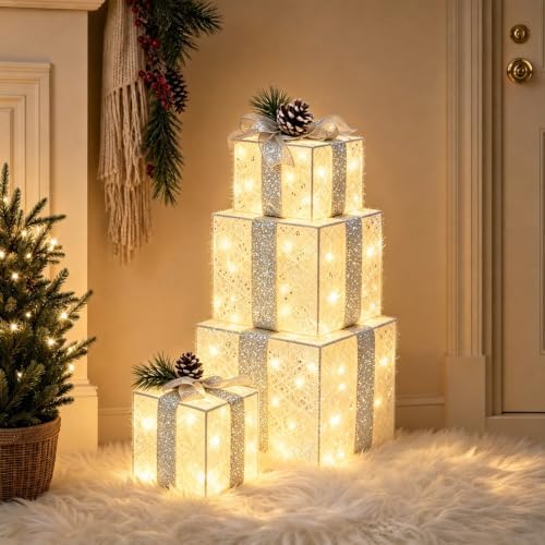 set of 4 christmas lighted gift boxes, battery showing dimensions