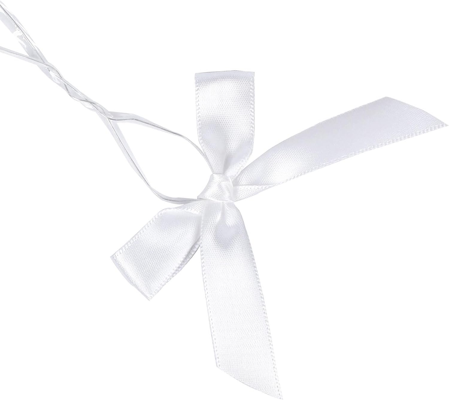 50 Pack White Twist Tie Bow, Pre Tied Bows,Christmas Satin Twist Tie Bows for Treat Bags,Packaging Bows for Candies and Apples, Pretied Ribbon Bows for DIY Decorations,Treat Bows