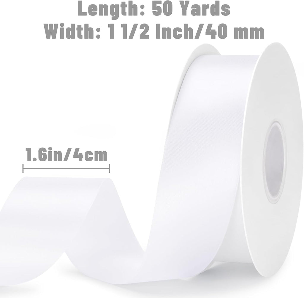 KINGLAKE Double Faced White Satin Ribbon - 1-1/2 Inch x 50 Yards | Gift Wrapping Ribbon for Crafts Roses Making Bouquets Bows Wedding Bridal Shower Baby Shower Birthday Easter Christmas Decor