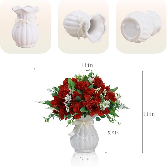 LESING Artificial Rose Silk Hydrangea Flowers Bouquets with Vase Rustic Fake Flowers for Home Decoration Table Centerpiece (Claret Red)