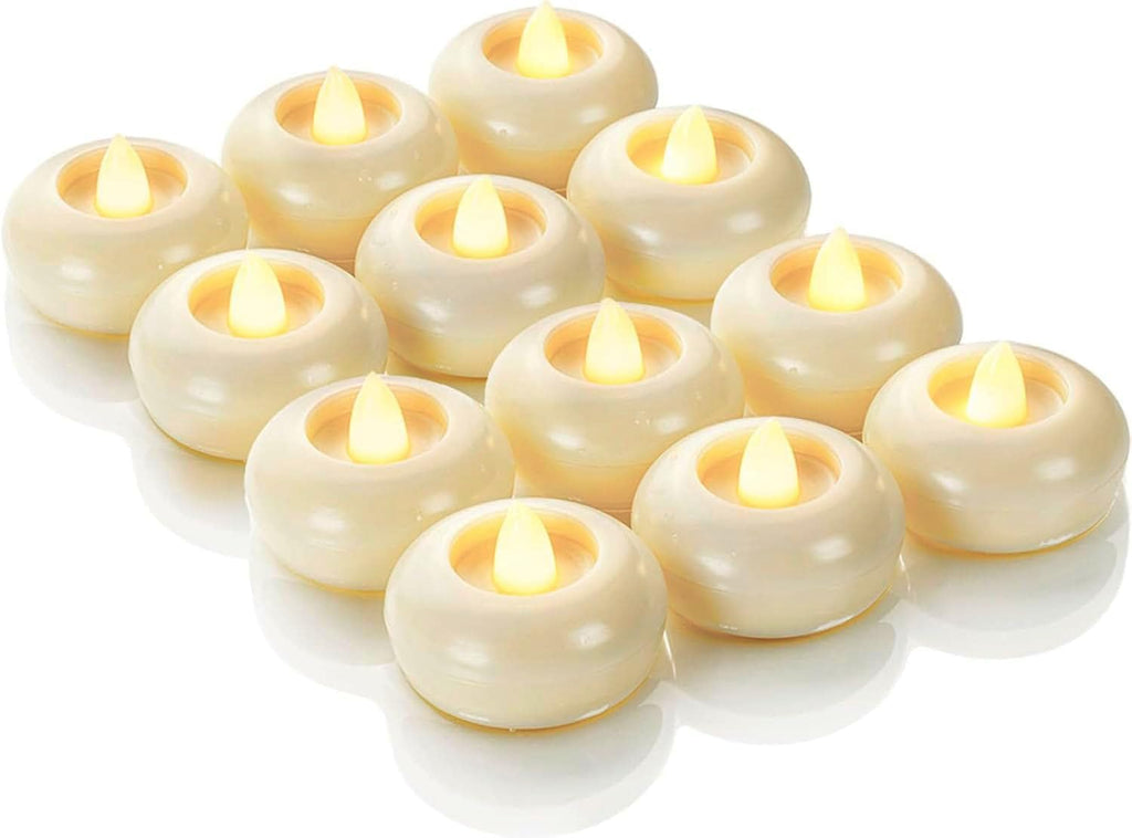 Homemory 12 Pack 2” Flameless Led Floating Candles, 200 Hour Battery Operated Flickering Waterproof Tealights for Cylinder Vases, Centerpieces at Wedding, Party, Pool, Holiday (Ivory Base)