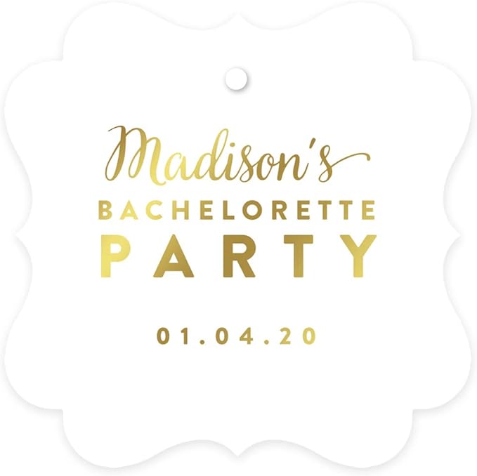 Andaz Press Personalized Fancy Frame Square Wedding Gift Tags, Metallic Gold Ink, Bachelorette Party, 24-Pack, Custom Made Any Name