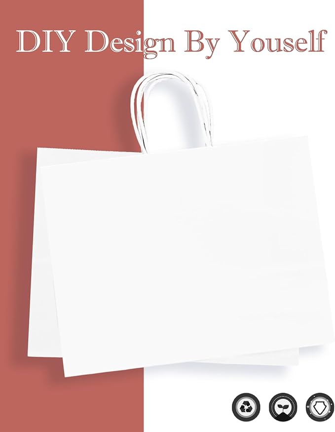 qiqee 50-Packs White Paper Gift Bags with Handles Bulk 12.6"x4.3"x10" Wide Large Size Party Favor Bags Multiple Uses