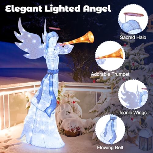 tangkula 5 ft christmas lighted angel with trumpet, front angle view