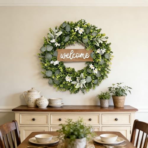 24inch spring wreaths for front door, faux boxwood, package contents