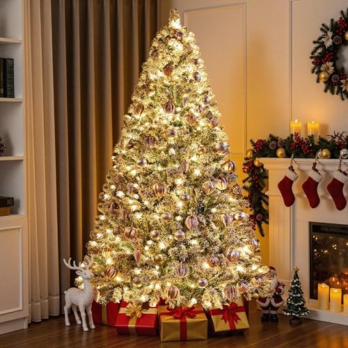 yaheetech 7.5ft pre-lit snow flocked artificial christmas tree shown in use