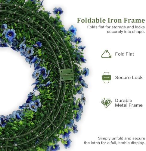 24" blue artificial floral wreath for front door, side view