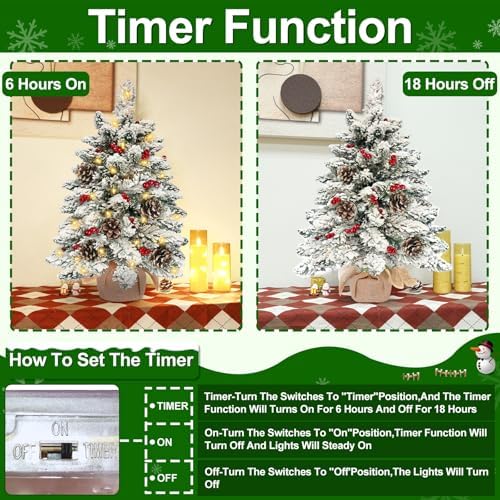 24"/2ft thick snow flocked tabletop christmas tree battery shown in use