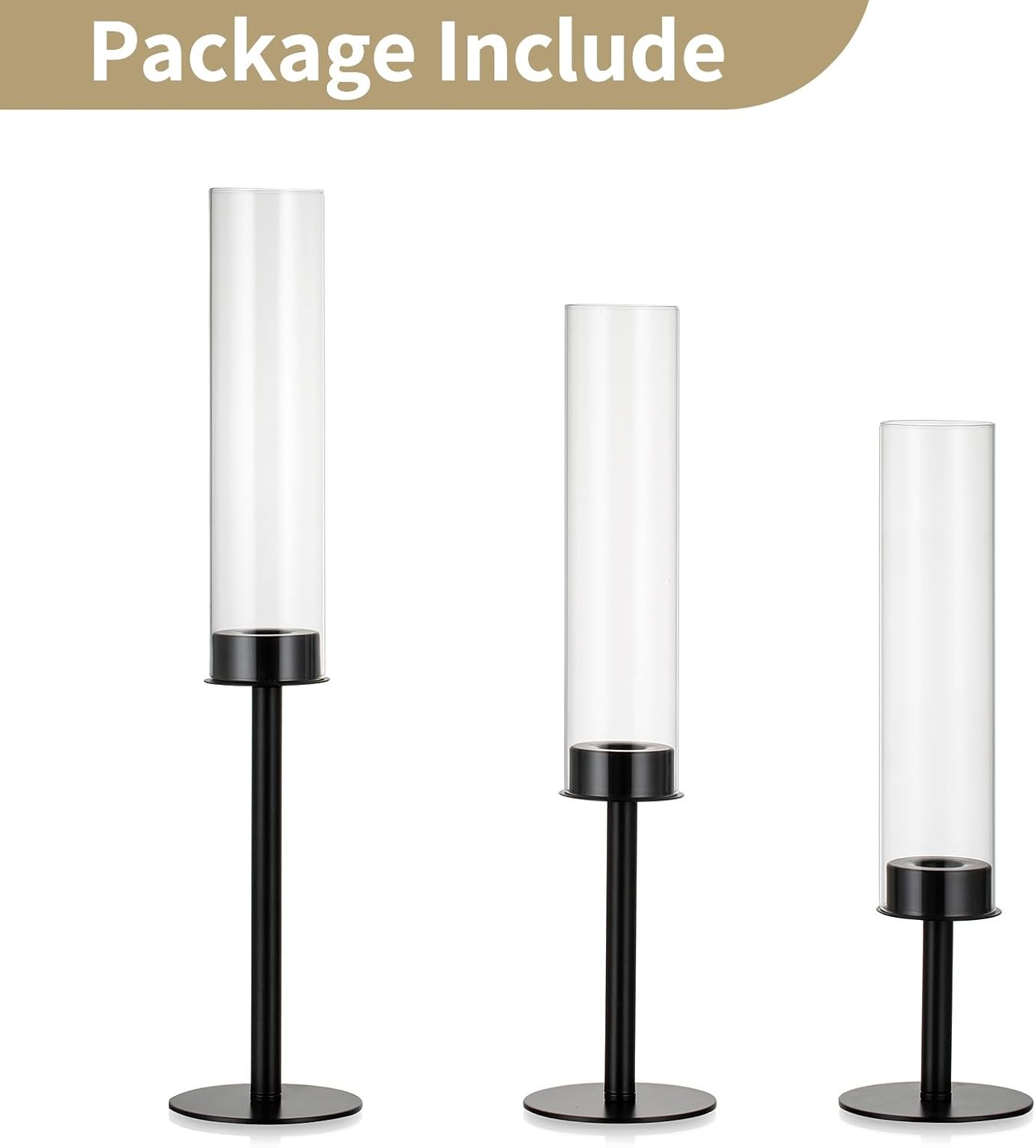 NUPTIO Black Candlestick Holders for Centerpiece: Set of 3 Hurricane Taper Holder with Windproof Glass Cover Long Stem Cylinder Metal Candle Sticks Stands for Halloween Christmas Table Decoration