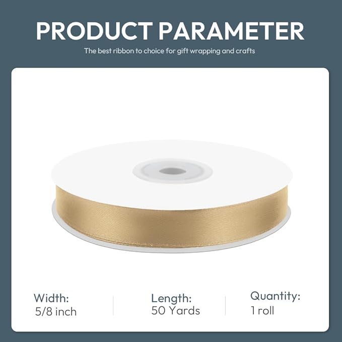 5/8" Wide x 50 Yards Polyester Satin Ribbon - Single Faced Champagne Gold, Perfect for Wedding Decor, Wreath, Crafts & Gift Wrapping