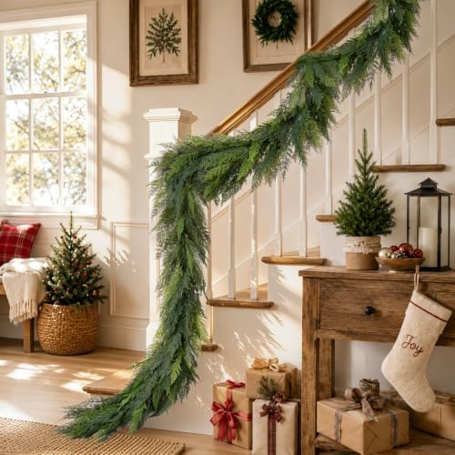 9ft realistic christmas cedar garland with lights, faux showing dimensions