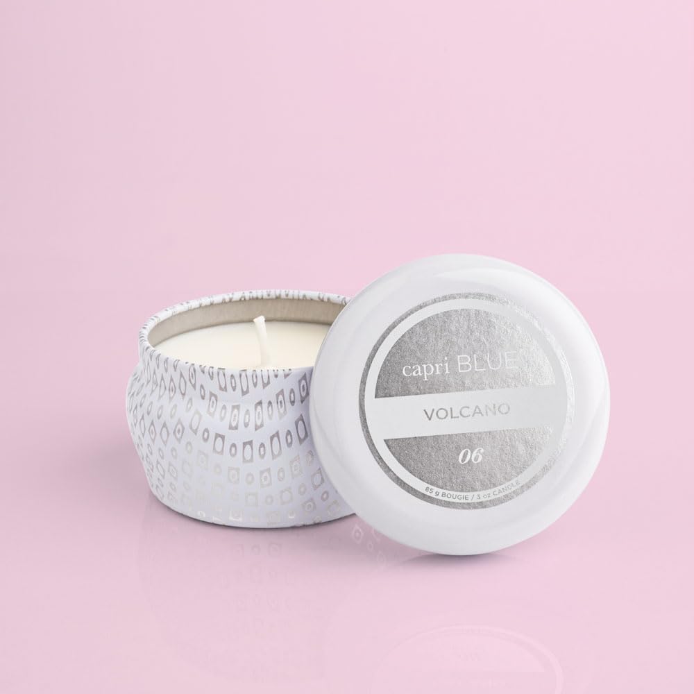 Capri Blue Volcano Scented Mini Tin Jar Candle | White, 3 oz | Printed Mini Tin Candles for Home Scented with Tropical Fruit & Sugared Citrus - Long Lasting Soy Wax Blend