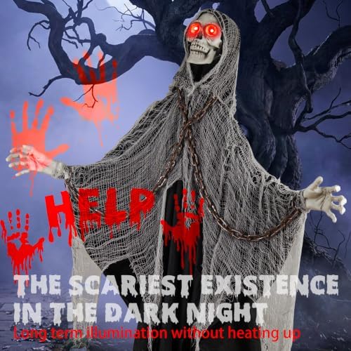 halloween skeleton with led red glowing eyes, sound, close-up detail