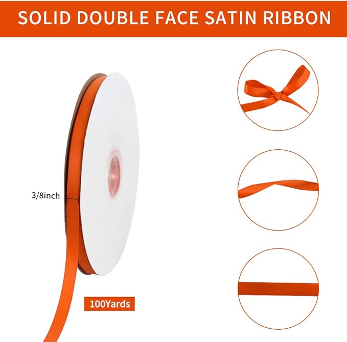 TONIFUL 3/8 Inch x 100yds Orange Satin Ribbon Thin Solid Fabric Ribbons for Gift Wrapping Floral Balloons Craft Sewing Party Wedding Popsicles Decoration Valentine's Day Bouquet Thanksgiving