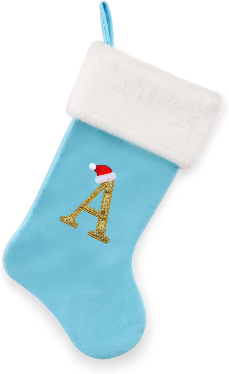 20-Inch Letter Embroidered Christmas Stocking Thick and Luxurious Light Blue Velvet with Super Soft Plush Cuff Personalized Festival Decoration for Xmas and New Year Party(Letter A)