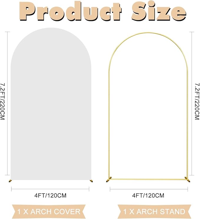 7.2FT Wedding Arch Backdrop Stand and White Arch Cover, White Spandex Fitted Backdrop Cover and Gold Wedding Arch Frame for Birthday Party Wedding Ceremony Bridal Baby Shower, Parties Decoration.