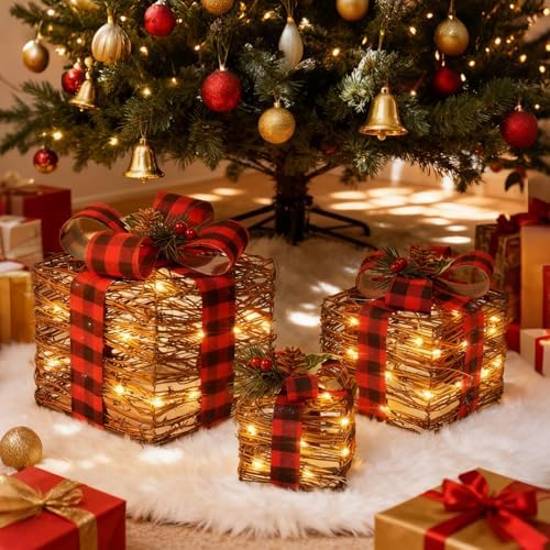 lawoho set of 3 christmas lighted gift boxes,rustic, front angle view