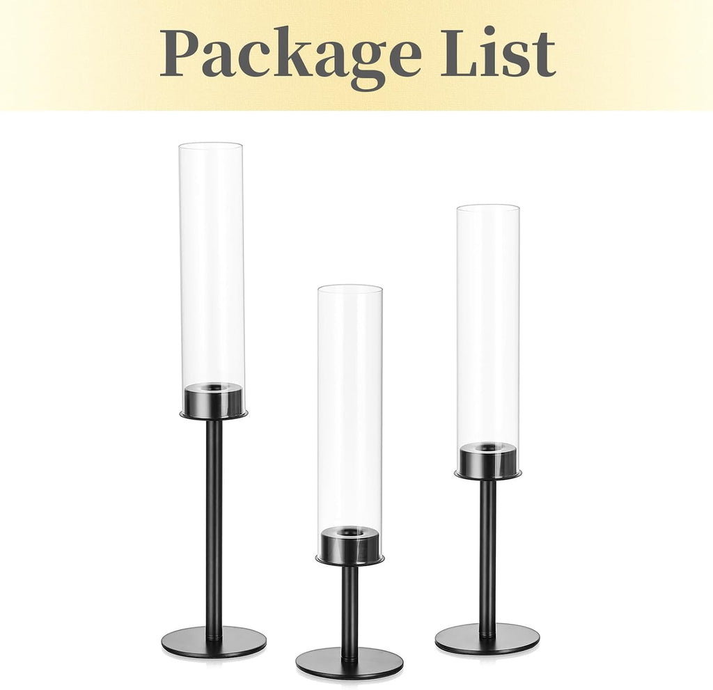 Hewory Black Candlestick Holders Hurricane Candle Holder, 3Pcs Candle Stick Candle Holder Candelabra, Taper Candle Holders with Glass Candle Cover for Wedding Table Centerpiece Christmas Decor