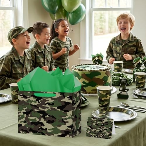 Abilat Large Camo Gift Bag with Tissue Paper and Greeting Card Camouflage Themed Gift Wrapping Bag for Boys Men Army Theme Birthday Baby Shower Party Decorations Supplies