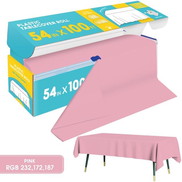 Pink Plastic Table Cover Roll - 54IN x 100FT, Table Cloth for Rectangle Table with Slide Cutter, Plastic Table Cloth Disposable with Cut-to-Size Design for Weddings, Banquets, Parties