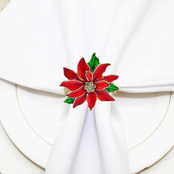 Poinsettia Napkin Rings Set of 6, Xmas Party Red Flower Napkin Holder Buckles, Thanksgiving Christmas Napkin Rings (Dark Red, One Size)