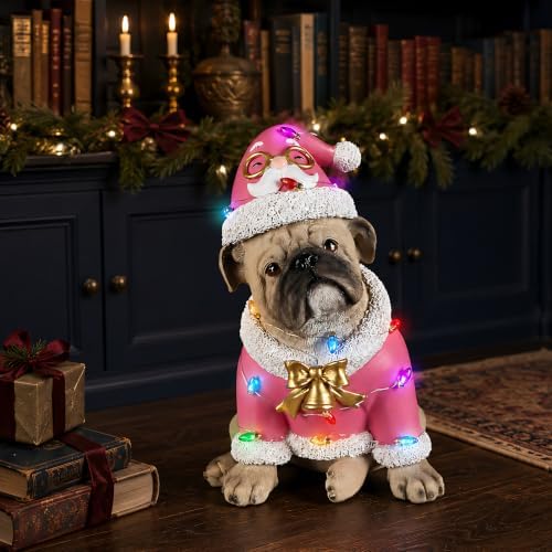 lighted christmas bulldog statue, pink outfit, front angle view