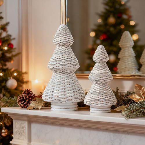 dn deconation white christmas tree figurines, natural rattan shown in use