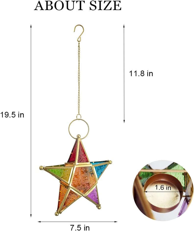 Modern Morocco Metal Art Candle Holders, Star Colorful Glass Christmas Holiday Home Wall Decor Lantern for Mantel Patio Garden with Hanging Loop