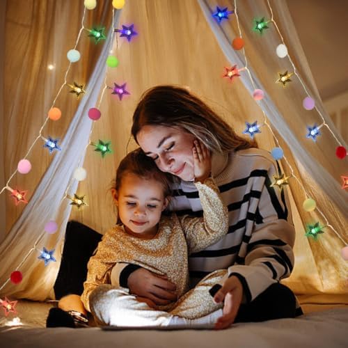 9.85FT String Lights for Kids Room with 20 Cute PomPoms 20 Colorful Star LED Indoor String Lights Battery Operated with Timer for Girls Bedroom Birthday Party Kids Playhouse Wedding Party Decoration