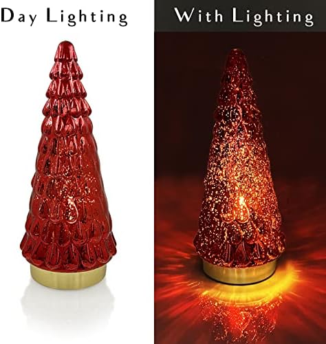 red glass christmas tree 3pcs, small tabletop mercury, front angle view