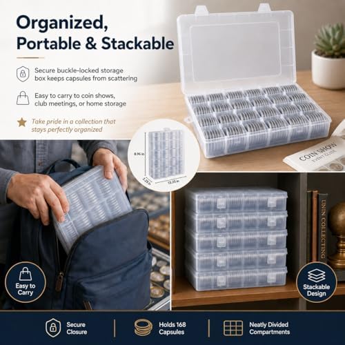 FULLCASE Coin Capsules for Collectors, 168-Piece Storage Case,Fits 20-46mm