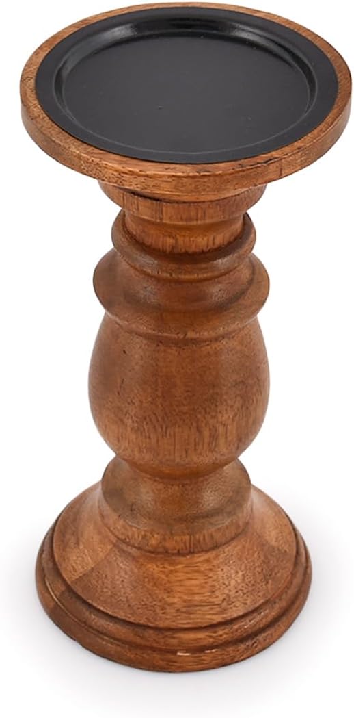 EDHAS Natural Round Turned Candle Holders for Pillar Candles Set of 3 Vintage Style Mango Wood Candle Holder for Centerpiece for Dining, Living Room
