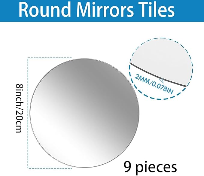 9 Pcs 8inch Round Mirror Tiles for Centerpieces, 2mm Acrylic Mirror Trays Flat Mirrors for Tables Mirror Centerpieces Candle Plates for Craft Wedding Christmas Table Party Centerpieces