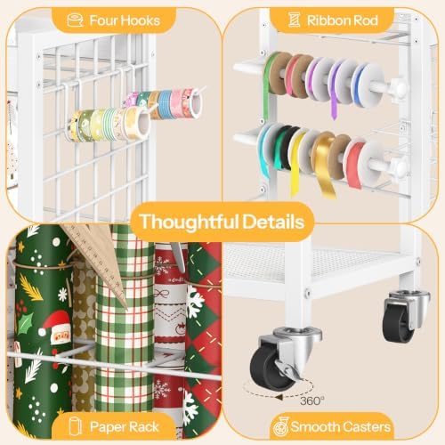 hoobro wrapping paper storage cart, rolling craft storage, front angle view