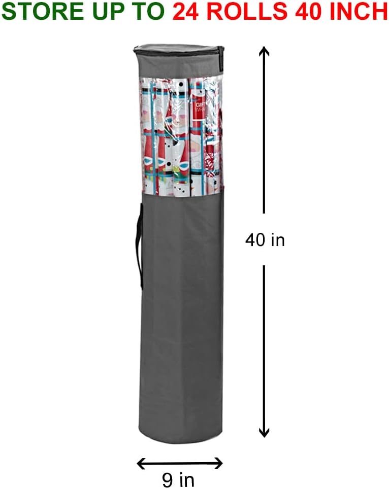 ProPik Gift Wrapping Paper Storage Organizer Bag, Store Up To 25 Rolls 40 Inch, Heavy Duty Polyester plus PVC Clear Bag With Handles And Zippered Top For Holiday Gift Wrap And Ribbons (Grey)