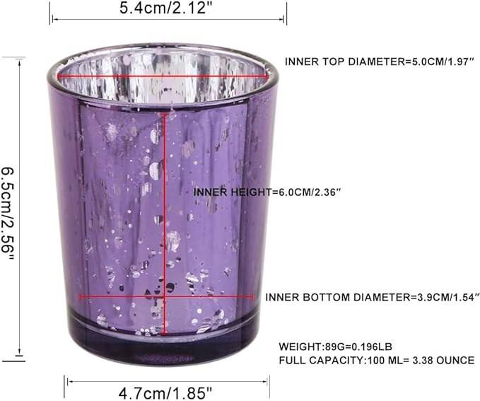 Purple Mercury Glass Tea Light Holders Set of 36 - Elegant Votive Candle Holders for Weddings, Showers and Home Decor - Perfect for Table Centerpieces and Parties (Glass, Purple)