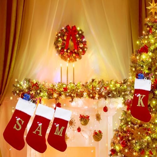 20 Inches Monogram Christmas Stockings with Letters Large Super Soft Christmas Stockings, Red Velvet with White Plush Cuff Embroidered Xmas Stocking for Christmas Family Decor Letter A