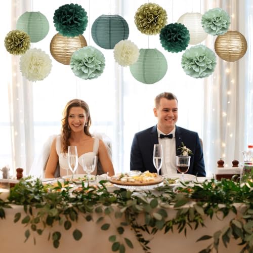 Sage Green Party Decorations, Paper Lanterns and Pom Poms Flowers for Birthday Party Baby Shower Wedding Shower Decor Gold/Ivory/Sage Green 15pcs