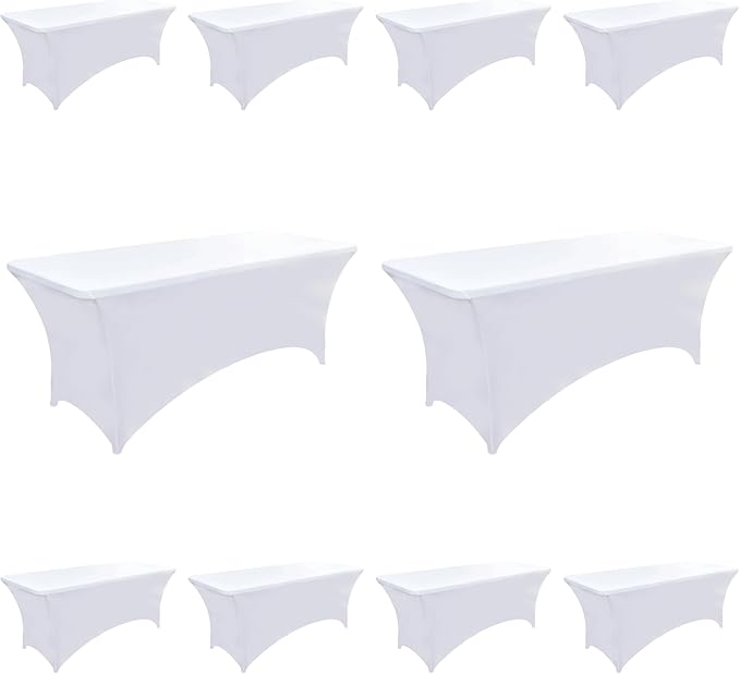 10-Pack 4ft White Spandex Table Covers for Rectangular Folding Tables - Wrinkle Resistant Stretch Tight Table Cloths - Fitted Table Protector for Parties, Trade Shows, Banquet, and Wedding