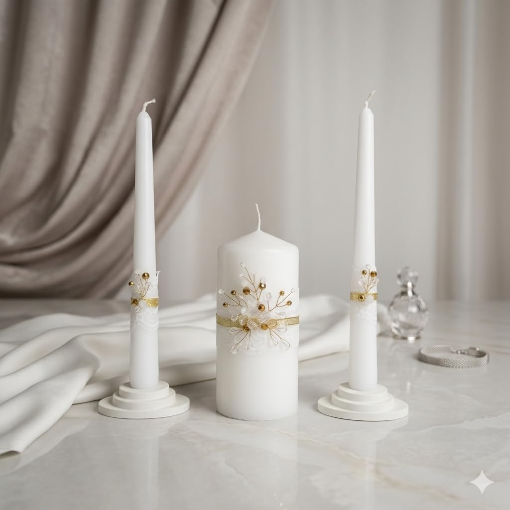Unity Candle Set - Wedding Ceremony & Reception – 6” Pillar & Two 10” Taper Candles – Long Burning Unity Candles for Marriage Ritual – Handmade in USA – Diamond |Gold