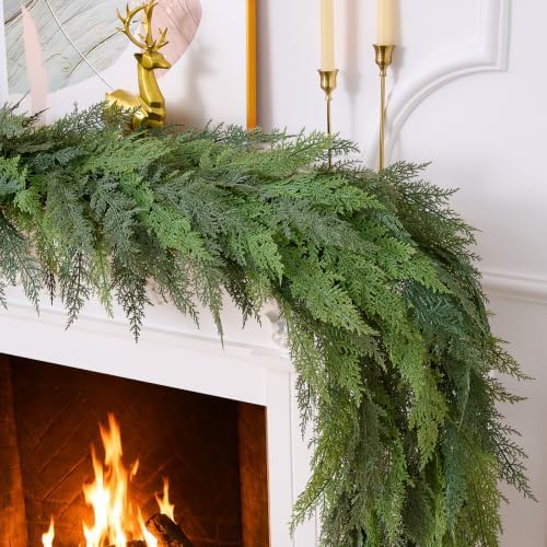 9ft realistic christmas cedar garland with lights, faux shown in use